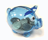 Image of a small piggy bank that a child might use.  The bank has coins inside it.