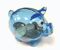 Image of a small piggy bank that a child might use. The bank has coins inside it.