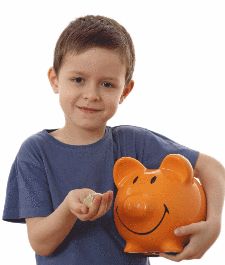 Image of a young boy holding a piggy bank.