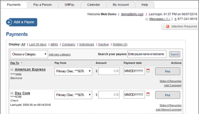 dashboard showing the Bill Pay product