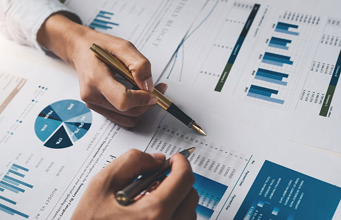 Financial graphs and reports.