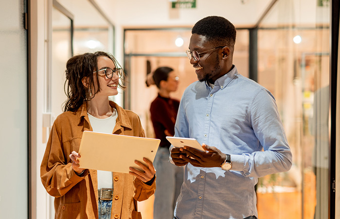 Business colleagues meeting in the hall.