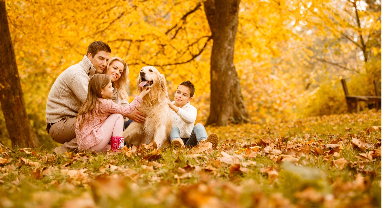 Image of an outdoor fall setting scene with a man, a woman, two children and a dog.  